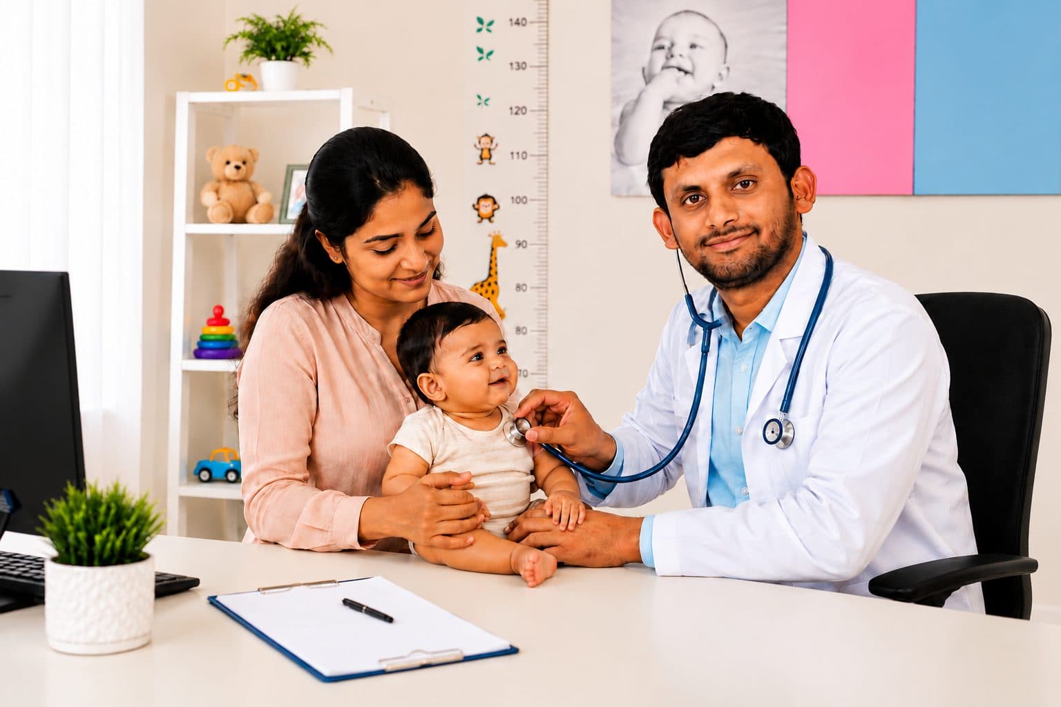 Paediatrician listening to a baby’s heartbeat with a stethoscope