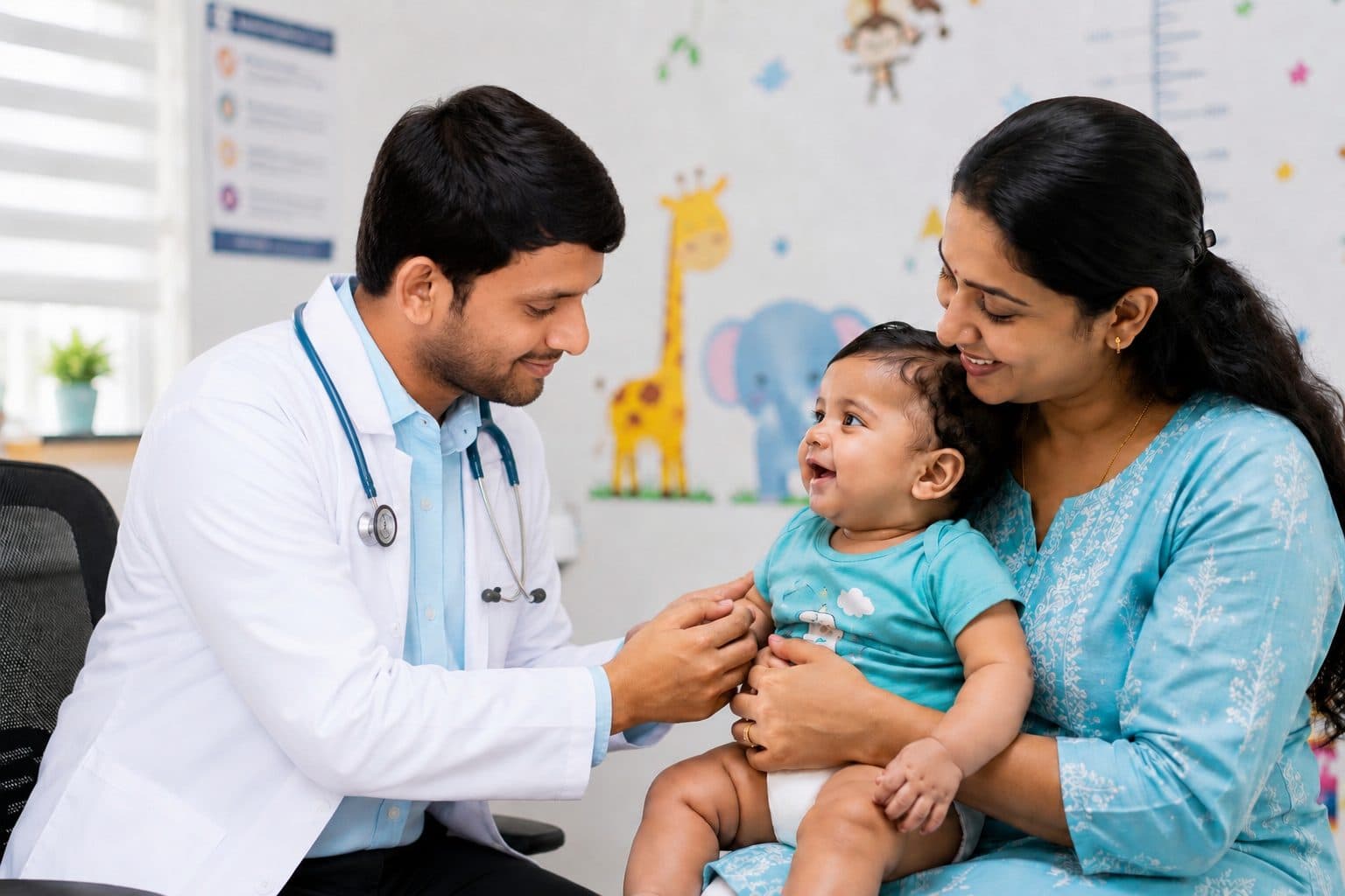 Paediatrician examining a baby on a parent’s lap