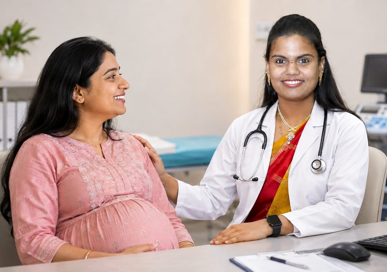 Obstetrician talking with a pregnant woman during an antenatal check-up