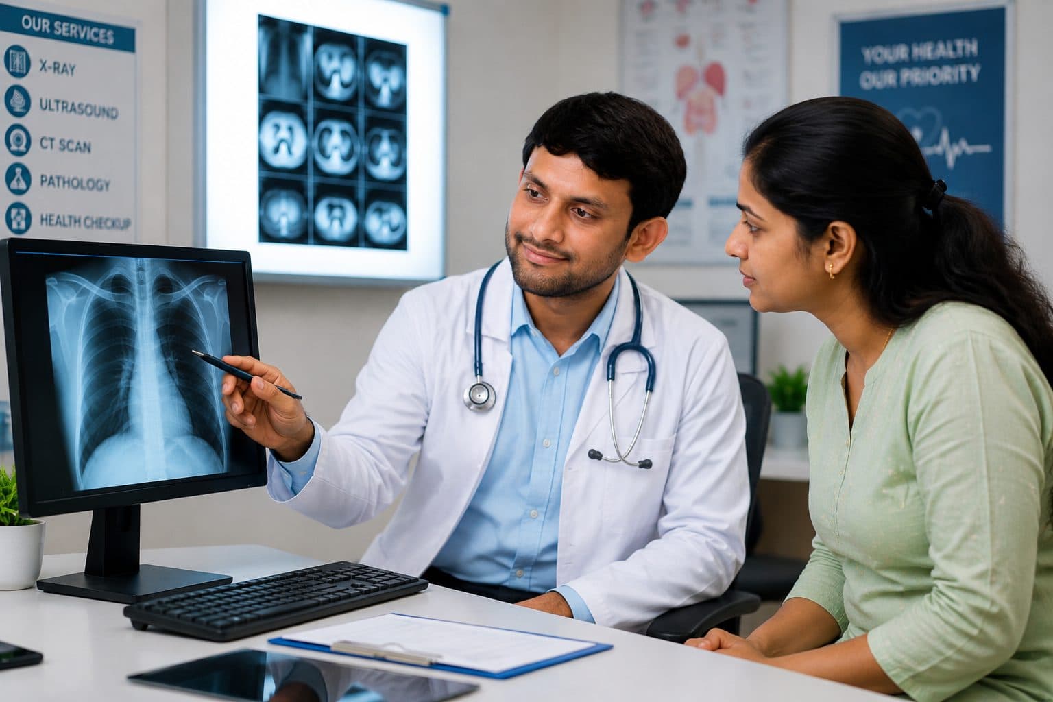 Doctor explaining a chest X-ray to a patient